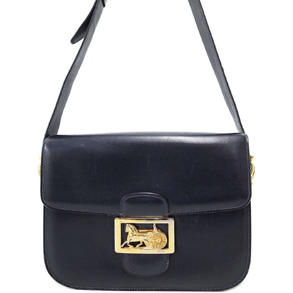 Celine black leather shoulder bag gold tone horse carriage motif - Picture 1 of 9